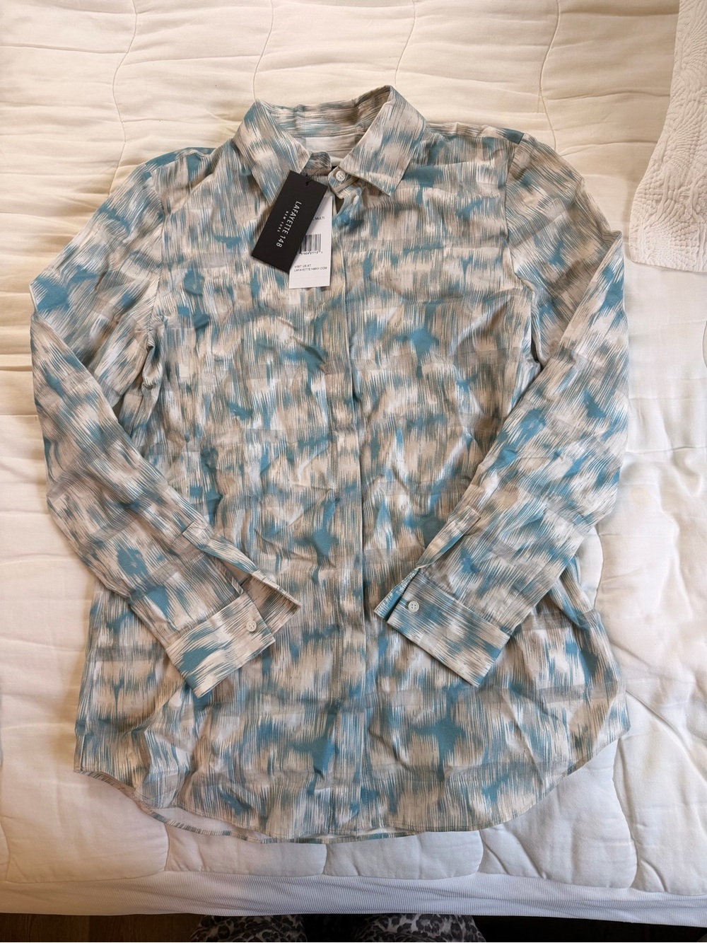 NWT Lafayette 148 Women’s Button Up Blouse Top Blue Tan 100% Cotton Breathable